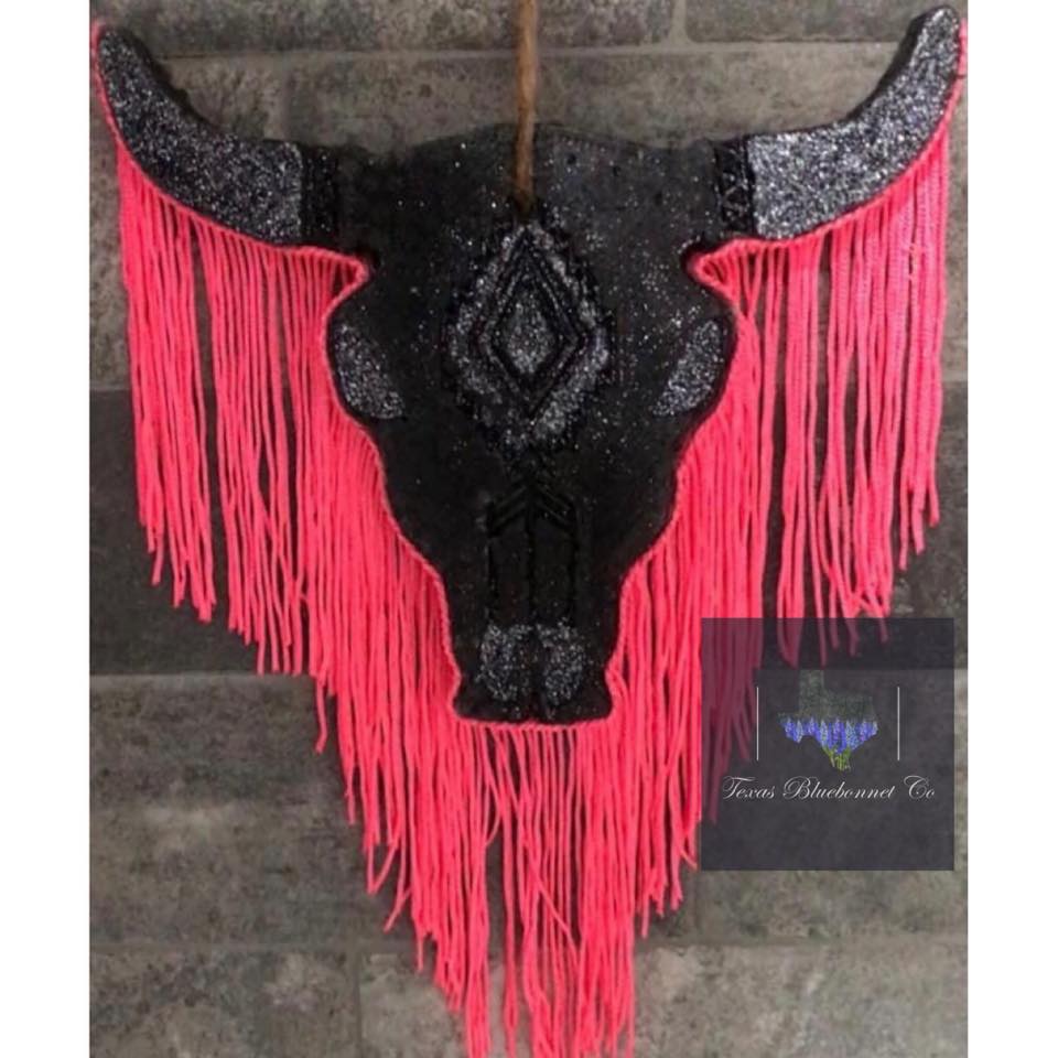 BULL SKULL BLACK W/ HOT PINK FRINGE